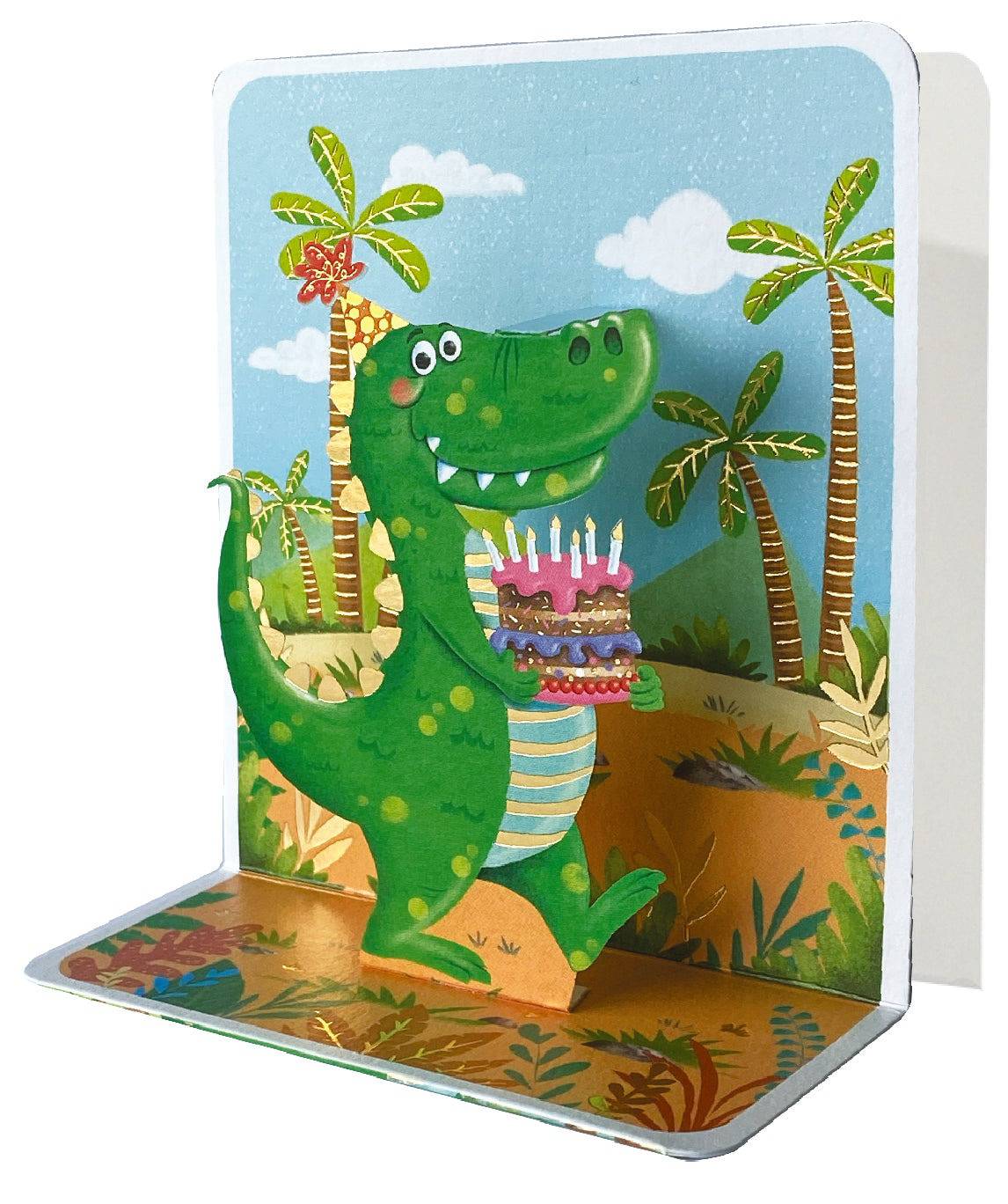 Colorful Dinosaur Small Pop-up Card from Pictura featuring a detailed 3D dinosaur design on a greeting card.